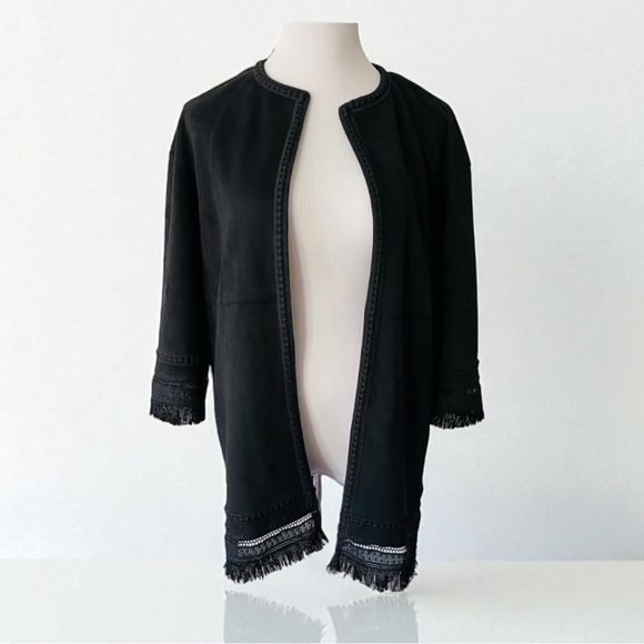 New! ZARA Black Faux Suede Fringe Jacket Size XS - Picture 1 of 14